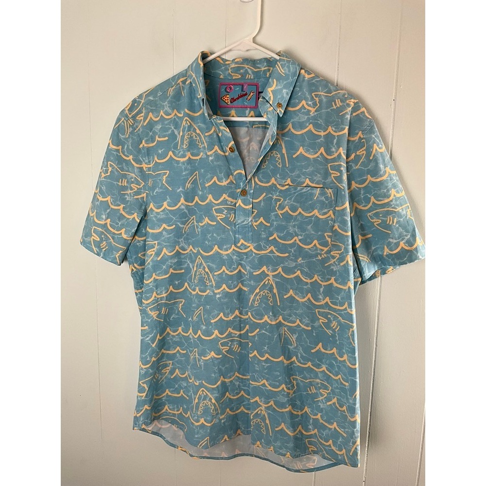 Chubbies Mens Large Shark Water Print Short Sleeve Button Down Popover Shirt